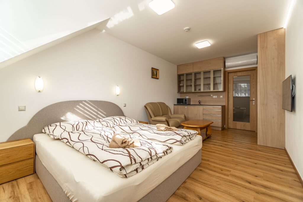 Dvoulůžkový apartmán v penzionu Winifera v Pavlově na Pálavě. Tento apartmán má svou kuchyňku.