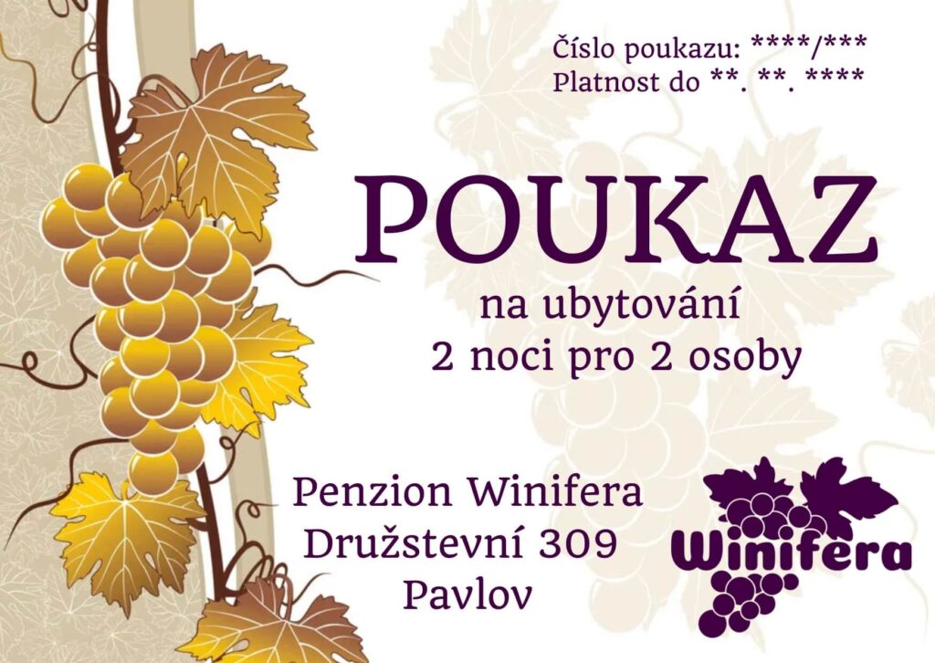 Dárkový poukaz na ubytování v penzionu Winifera, který se nachází v Pavlově na Pálavě.